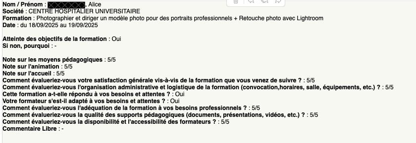 Fiche de satisfaction formation professionnelle en photographie pour le CHU de Clermont-Ferrand
